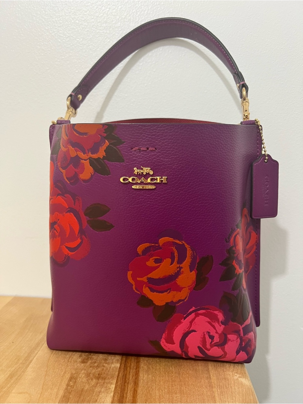 Coach Purple Floral Leather Bucket Bag - Picture 13 of 15